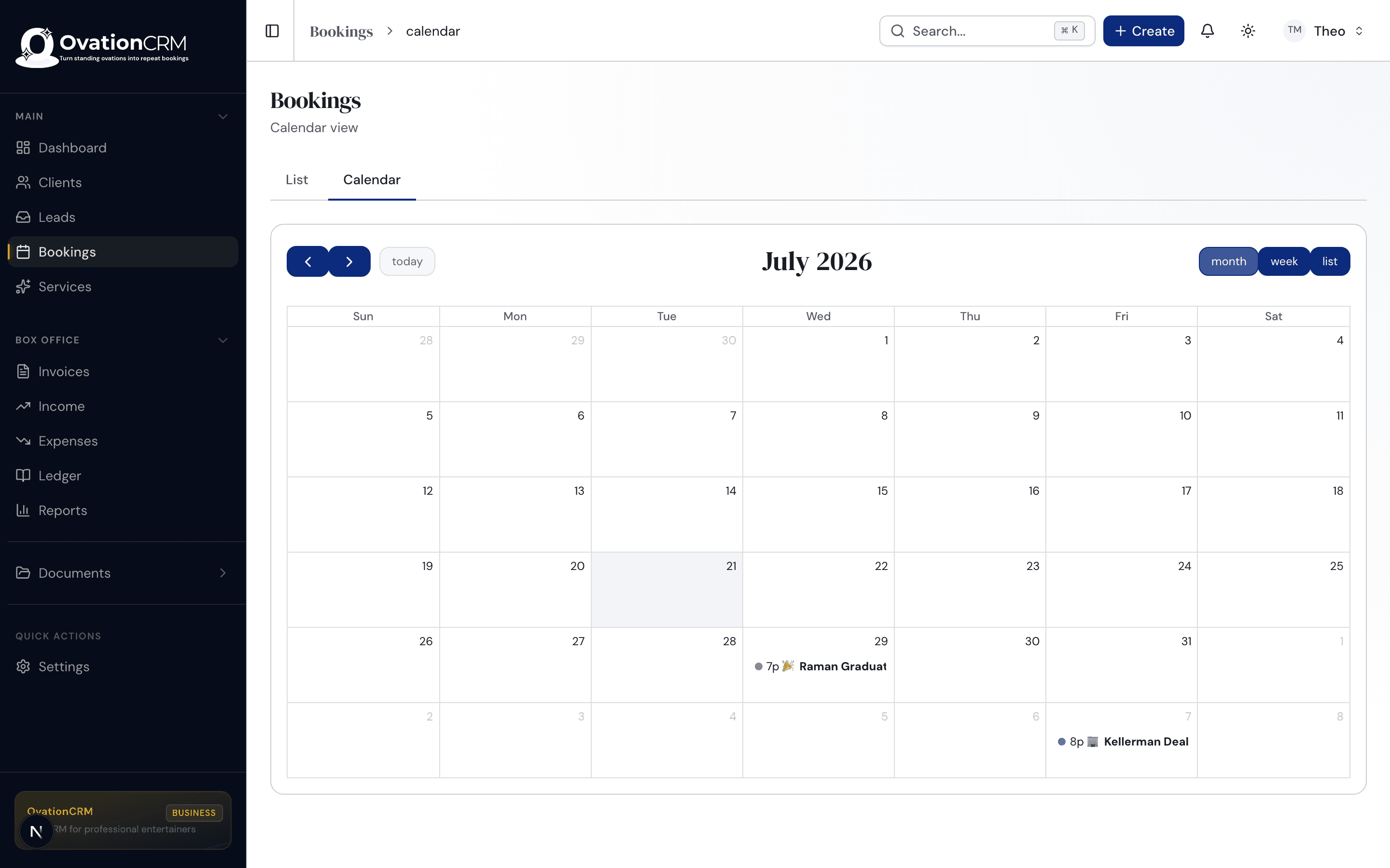 OvationCRM bookings calendar in month view with color-coded performance dates