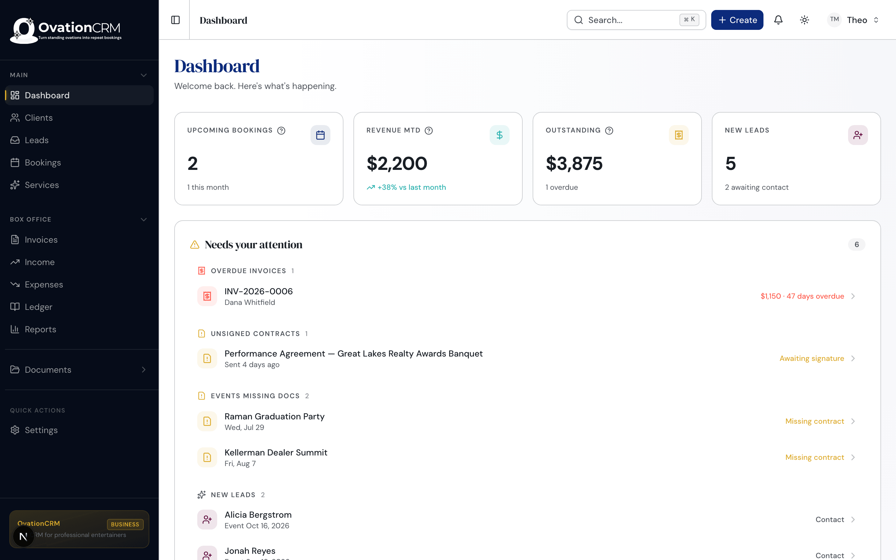 OvationCRM dashboard with KPI cards for upcoming bookings, revenue, and new leads, and a needs-your-attention panel flagging an overdue invoice, events missing contracts, and new leads to contact, alongside the main navigation sidebar