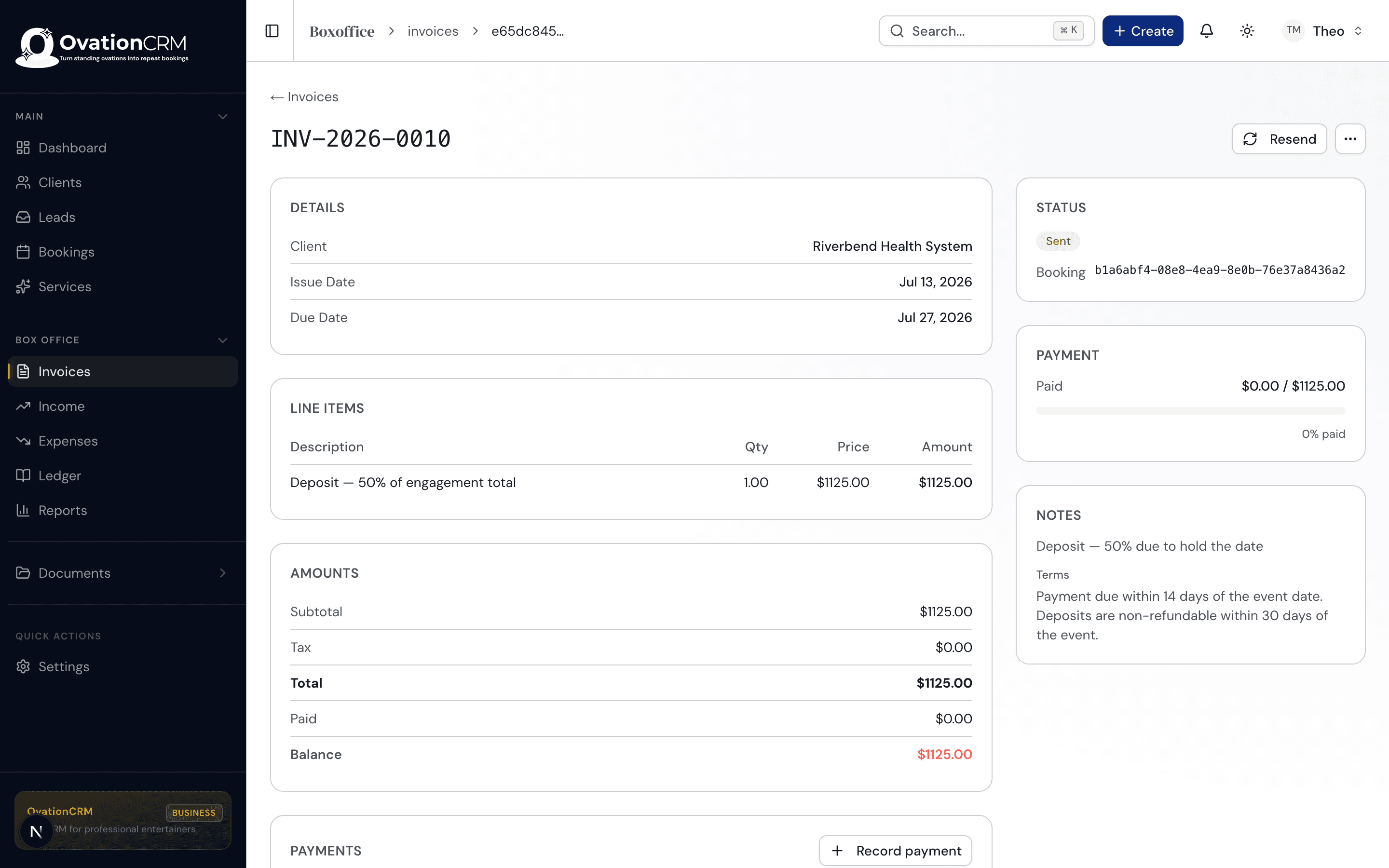 OvationCRM invoice with line items, a paid-in-full status, and the linked booking